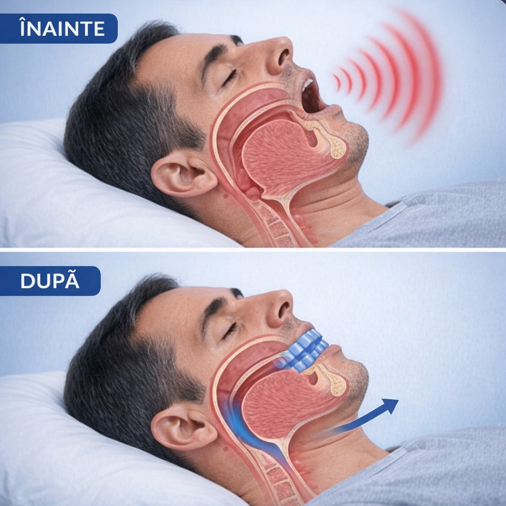Înainte și după — căile respiratorii blocate vs. deschise cu gutiera